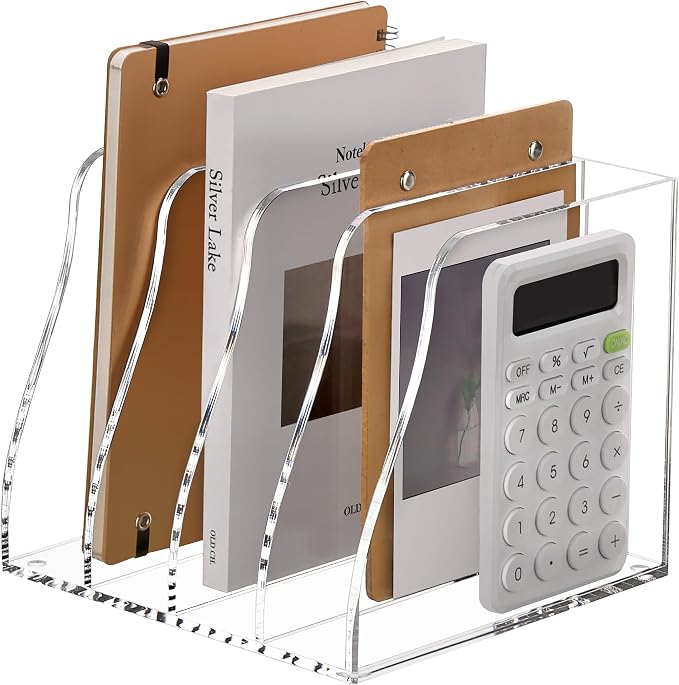 SANRUI Acrylic Desk Magazine Holder File Organizer Sorter,4 Slot Clear | B5 Size, Vertical Workspace Document Sorters, Folder Rack for Office Accessories Organization Storage