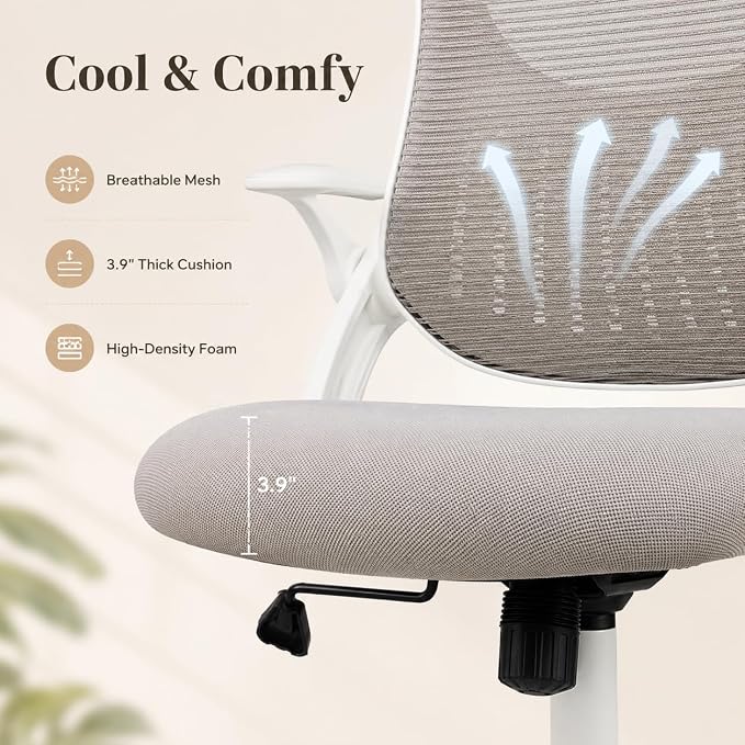 Grey Ergonomic Office Chair, High Back Mesh Desk Chair with Adjustable Headrest Lumbar Support, Computer Chairs with Flip-up Armrests and Thickened Cushion for Adults Home Office, 360° Swivel