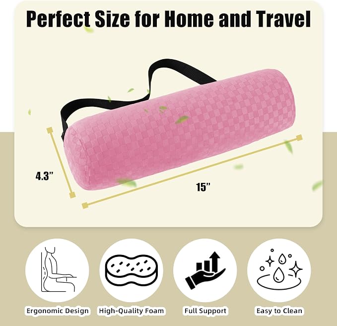 Lumbar Roll Pillow for Lower Back Support, Foam Cushion,Pink, 15 * 4.3'' | Removable Pillowcase, Upgraded Adjustable Strap, Suitable for Office, Chair, Car, Seat Pain Relief & Improving Posture