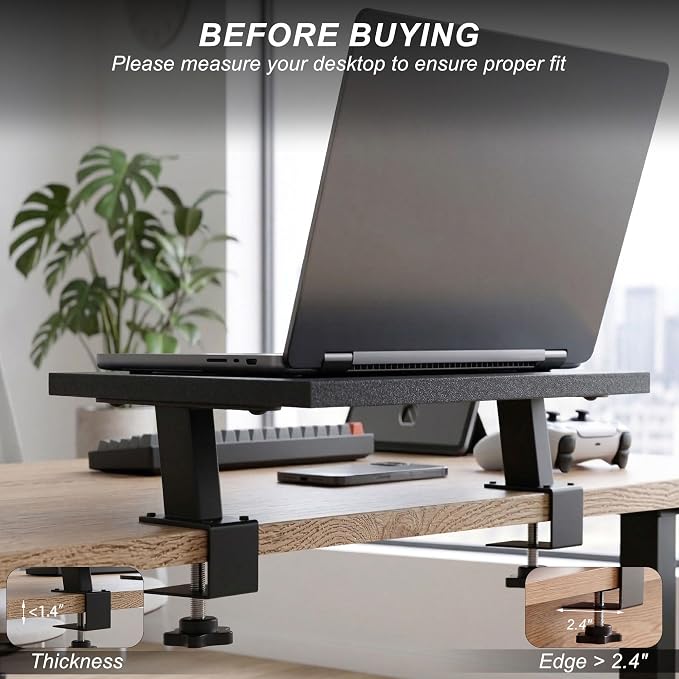 15-Inch Desktop Clamp-on Shelf & Monitor Riser, 2-in-1 Reversible Design – Fits Either Side of Desk, C-Clamp for Stability, Holds 44 lbs, for Gaming PC, Console & Office Setup
