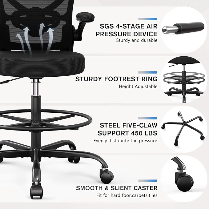 Alolo Drafting Chair,Big and Tall Office Chair with Footrest Ring,Ergonomic Chair for Counter Height and Standing Desk Comfy with Lumbar Support and Flip-up Armrests in Heavy Rolling Base,Black