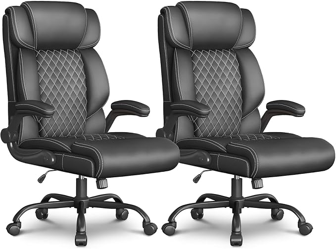 Office Chair-Executive High Back Breathable Comfy Desk Chair with Flip-up Armrests Lumbar Support-Ergonomic Leather Rolling Swivel Chair with Rock Function for Working,2 Pack