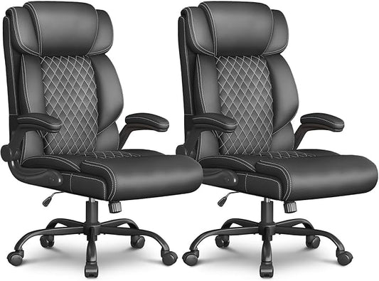 Office Chair-Executive High Back Breathable Comfy Desk Chair with Flip-up Armrests Lumbar Support-Ergonomic Leather Rolling Swivel Chair with Rock Function for Working,2 Pack
