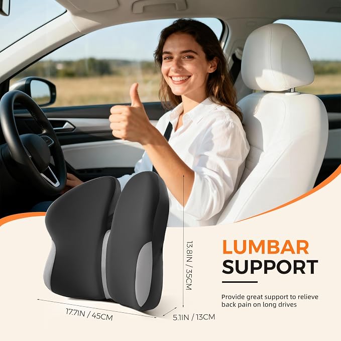 BEBAS Ergonomic Lumbar Support Pillow for Car, Memory Foam Back Support for Lower Back Pain Relief, Comfort Lumbar Cushion for Driving, Fixed Ring Lumbar Pillow for Car Seat, Office Chair -Black