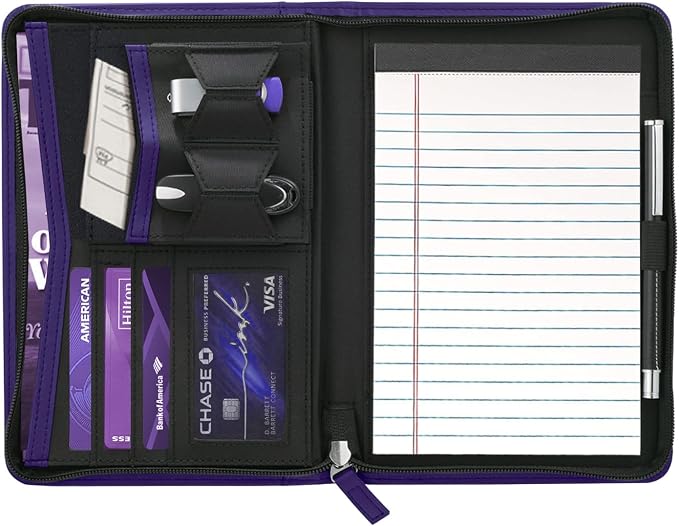 Small Portfolio Organizer, A5 Zippered Business Portfolio, Junior Padfolio Folder Binder for Women & Men, 5 x 8 Writing Pad Included, Dark Purple