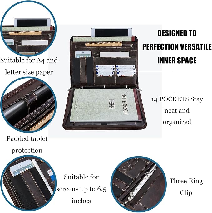 Zippered Padfolio Binder, Faux Leather Organizer with 3-Ring Binder, Left-Handed Design, Business Card Slots & Document Folders - Professional Padfolio for Office (Dark Brown)