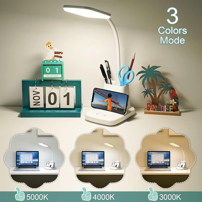 Upgraded LED Desk Lamp with Wireless Charger, White Small Desk Light with Pen Holder, 3 Color Modes, CRI 85, 800 Lumen, Study Lamps for College Dorm Room, Home Office, Adapter Included