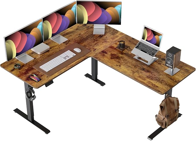 CubiCubi L Shaped Standing Desk 63 x 55 Inch Adjustable Height, Electric Corner Desk, Sit Stand Home Office Desk with Splice Board, Rustic Brown