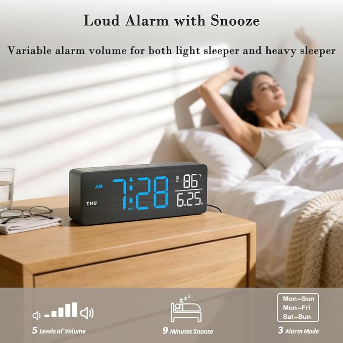 DreamSky Wooden Digital Alarm Clock with Date & Day of Week for Bedroom | Large Display Desk Clock for Living Room, Temperature, Dimmer, Adjustable Volume, Auto DST, Office Wood Décor (Plug-in)