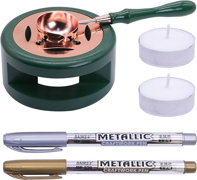 SWANGSA Wax Seal Warmer Kit, Sealing Wax Furnace with 2 Pens, Spoon and 2pcs Candles for Wedding Invitation Envelope Letter (Dark Green)