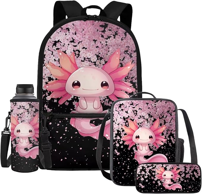WELLFLYHOM Girls Axolotl School Backpack with Lunch Box, Pink 17 Inch Cherry Blossom 4PCS Backpack Set for Elementary Kids 6-11, Reduce Shoulder Pressure for Child, Back to School Supplies