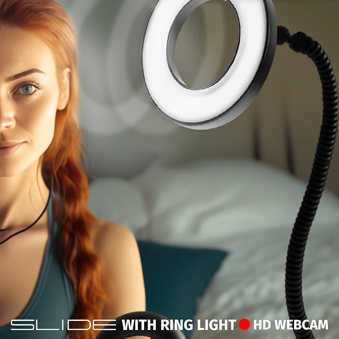 Slide 1080P HD Webcam with Portable Ring Light and Clamp-on Stand, Streaming Camera with Mic, 30 FPS, 30 Light Modes, 2 Flexible Arms, Secure Clamp, Includes Sliding Lens Cover and USB Cable
