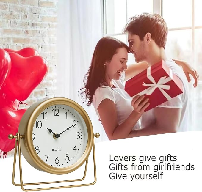 EMAX HOME Vintage Golden Table Clock - Elegant Battery Operated Office, Living Room, and Bedroom Clock with Minimalist Design Gold Table Decor 22x19.5x5.5cm