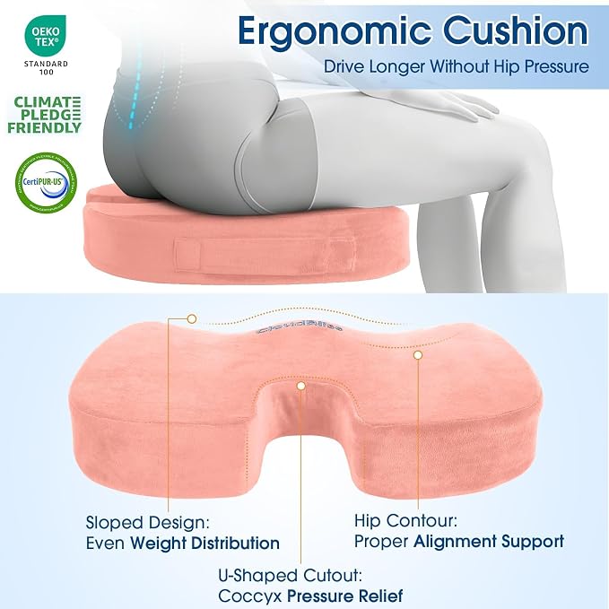 CloudBliss Lumbar Support Pillow & Seat Cushion Set for Office Chair, Desk Chair, Wheelchair & Car – Memory Foam Back Support, Ergonomic Chair Cushions, Sciatica Pain Relief, Home Essentials, Pink
