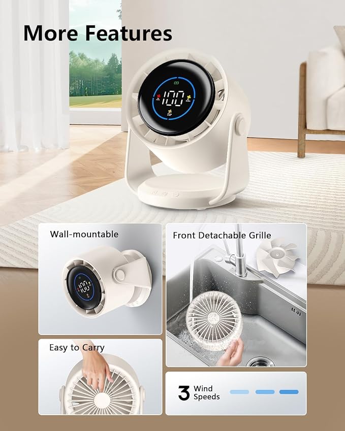 Desk Fans, Portable Turbo Fan Ultra Quiet Table Fan Digital Display Rechargeable USB 105°Tilt 100 Speeds Wall-Mounted Design Portable Fans for Home Office Kitchen Travel Camping