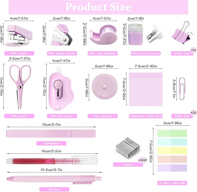 Mini School Supplies Kit, Pink Mini Stapler with Staples and Tape Dispenser Set, Mini Stationary Set Includes Sticky Notes Index Tabs Highlighters Gel Pens for Office & Back to School Supplies