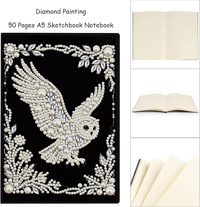 FRANDEK Pearl Painting Notebook Kit, Black and White Owl A5 DIY Journal with 50 Blank Pages, Diamond Gem Art Cover with Waterproof Canvas, Beginner Craft Set with Full Tools for Adults
