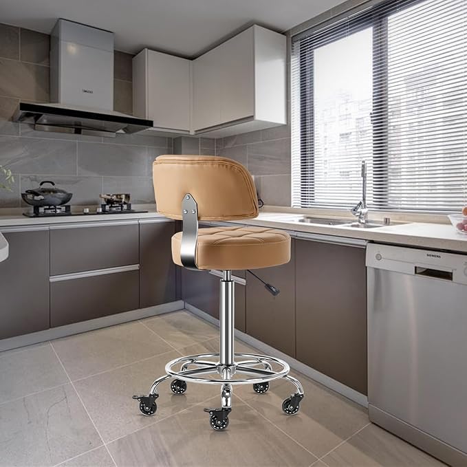 Lockable Stool with Back and Foot Rest Ergonomic Rolling Hydraulic Adjustable Stool for Doctor Esthetician Artist Home Small Office Desk (Camel, 24''-31'')