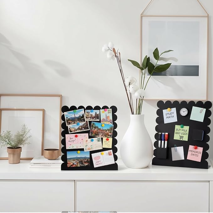 Gueevin 2 Pcs Magnet Board Standing Magnetic Metal Board for Desk and Wall Scalloped Magnetic Display Stand for Memos Photos and Documents Home Office School Desk Storage Decoration(Black,Medium)
