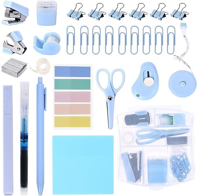 Mini Office Supply Kit, Blue Stapler with Staples and Tape Dispenser Set, Mini Stationary Kit Includes Sticky Notes Index Tabs Highlighters Gel Pens for Office & School (Blue)