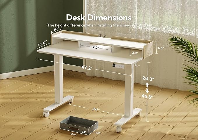 Claiks Standing Desk with Drawers, Adjustable Stand Up Electric Small Standing Desk Adjustable Height with Storage Shelf and Splice Board, 40 Inch, White
