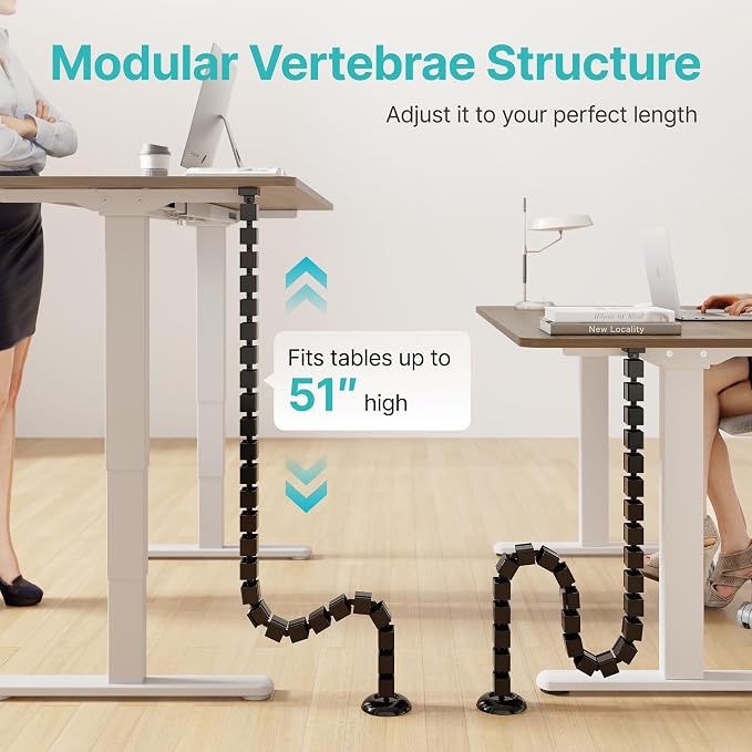 PEGZONE Under Desk Cable Management Spine – Flexible Cable Snake Organizer for Standing Desk, Tool-Free Magnetic Vertebrae Wire Management for 0.4"-2" Table, Black