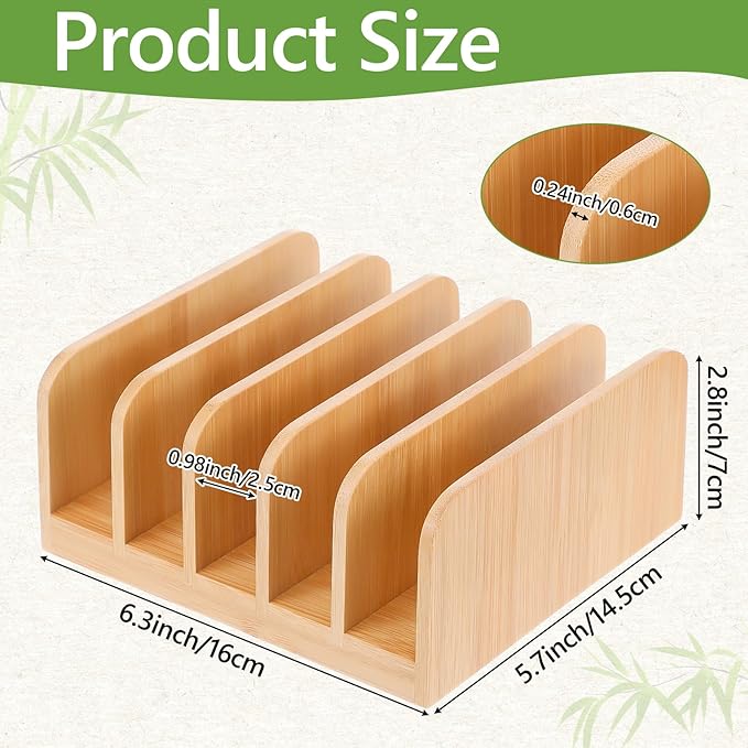 2Pcs Desk Mail Organizer with Divider, Bamboo File Holders, Vertical Letter Sorter for Desktop, Countertop Paper Organizer, 5 Compartments Envelope Holders for Bill, Document, Notebook