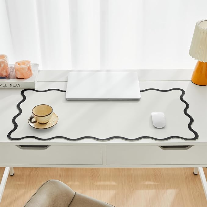 Scalloped Desk Mat, 31.5" x 15.7", PU Leather, Waterproof Anti-Slip, Cute Aesthetic Desk Pad for Office/Home/Game/Vanity (Black, 31.5" x 15.7")