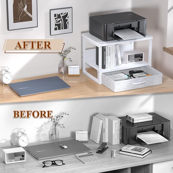 MARTY Desktop Printer Stand with Storage Drawer, Printer Riser for Desk | 2 Tier Printer Shelf, Small Printer Table for Home Office, for Fax Machine Copier Scanner, Desk Organizer, 17.1"x12.4", White