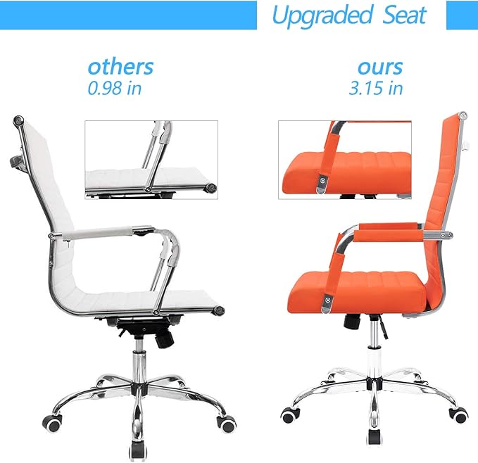 Furmax Ribbed Office Desk Chair Mid-Back Leather Executive Conference Task Chair Adjustable Swivel Chair with Arms (Orange)