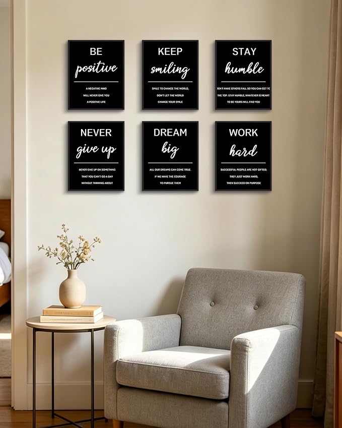 KUVIOKE Inspirational Framed Wall Art Motivational Quotes Wall Decor Encouraging Office Posters Sayings for Classroom Bedroom Living Room Ready to Hang Set of 6, 8x10in (Black Framed)