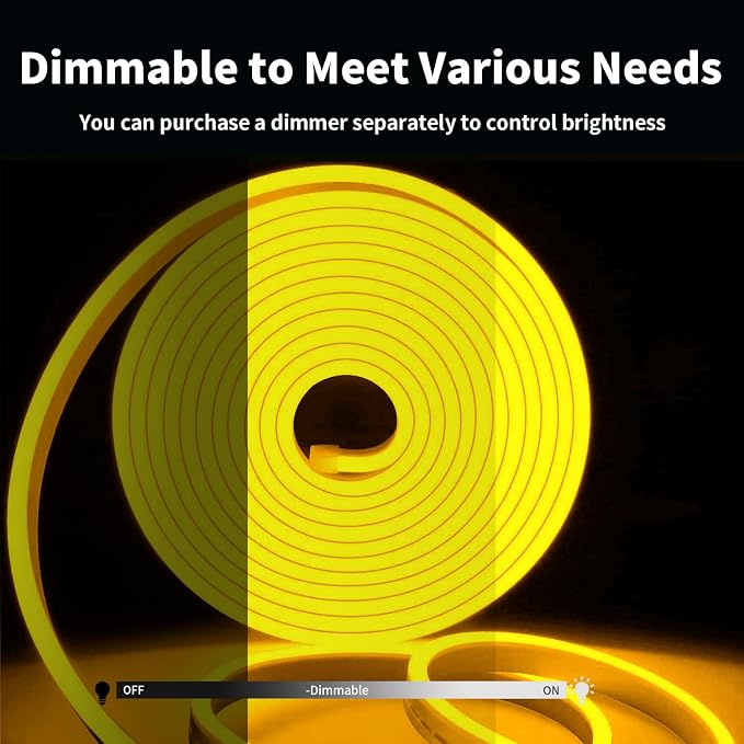 iNextStation Yellow Led Strip Lights, 16.4Ft/5m Neon Led Light Strip with Power Adapter, 12V Waterproof Silicone Flex LED Rope Lights for Bedroom Wall Festival Party Neon Sign DIY Decor
