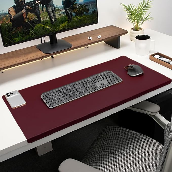 Edge-Locked Leather Desk Pad, Desk Blotter with Full Grip Fixation Lip, Waterproof Large Office Table Mat, Non-Slip Laptop Mouse Pads for Work Typing Writing (Red,23.6"x15.7")