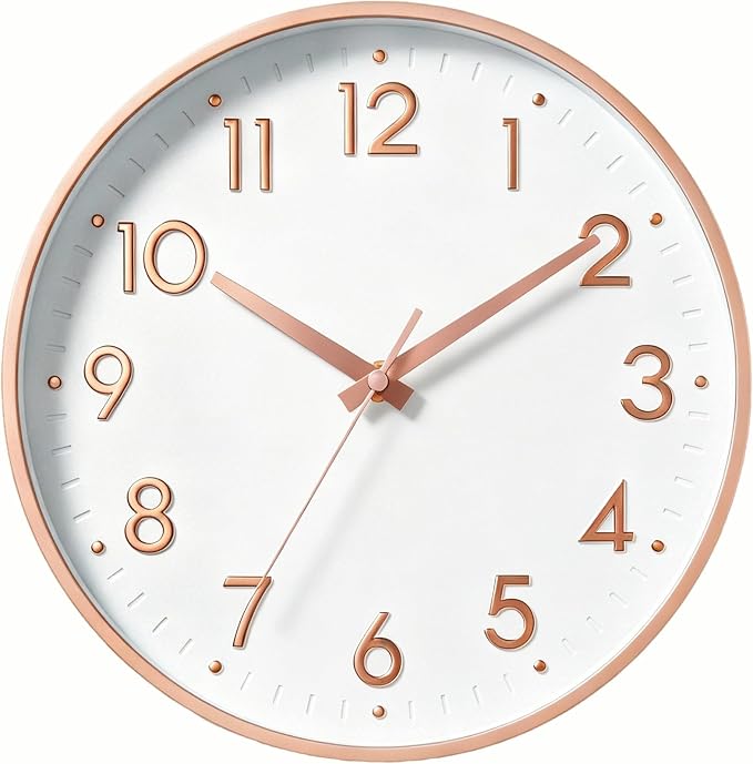 Mosewa 12 Inch Wall Clock Battery Operated Silent Non Ticking Analog | Rose Gold modern clock; oversized 3D easy-read dial for kitchen, bedroom & office; 1 AA battery (not included)