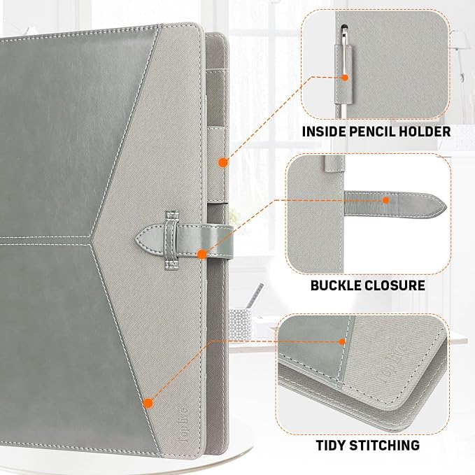 Toplive Padfolio 3 Ring Binder Organizer Business Portfolio Folder for Women, A4/ Letter Size PU Leather Portfolio Padfolio for Interview Conference Presentation, Grey