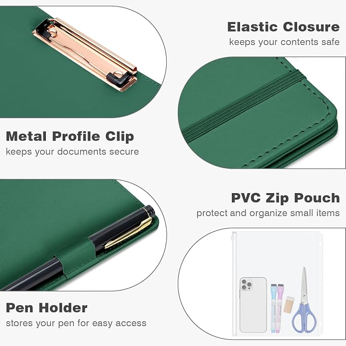 Eyrozill Professional Leather Binder Portfolio with Clipboard, Zipper Pouch, 5 Sheets Plastic Dividers，Professional 3 Ring Binders 8.5 x 11, 1-inch Round Rings, Green