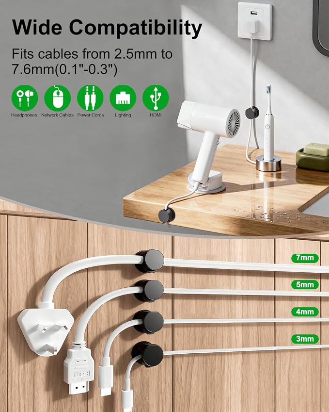 OneLeaf 12 Pack 360° Rotatable Spring Cable Clips[1s Lock], Adhesive Cord Holder for Nightstand, Phone Charger Cord Holder for Desk Home Office Car Game Station