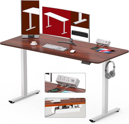 SANODESK Electric Standing Desk with Clamp Power Strip 60"x 24" Whole-Piece Desktop Height Adjustable Stand Up Desk with Cable Management Home Office Desk White Frame/Mahogany Top