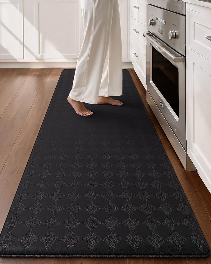 Color&Geometry Checkered Kitchen Runner 24x87 Wide Long Antifatigue, Black | Waterproof & Oil Proof, Easy Clean PVC Large Kitchen Rug For Busy Family, 0.4in Thick Cushion For Long Standing, Non Slip