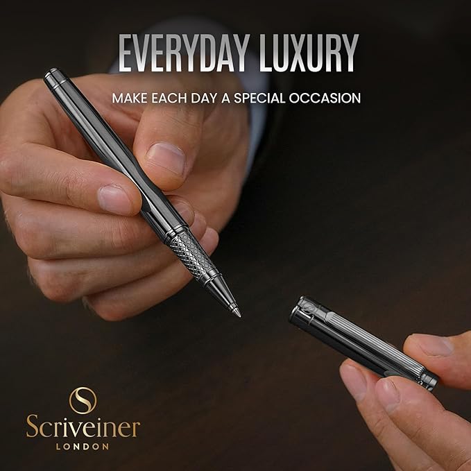 Scriveiner Gun-Metal Rollerball Pen - Stunning Luxury Pen, Schmidt Ink Refill, Best Roller Ball Gift Set for Men & Women, Professional, Executive Office, Nice Pens