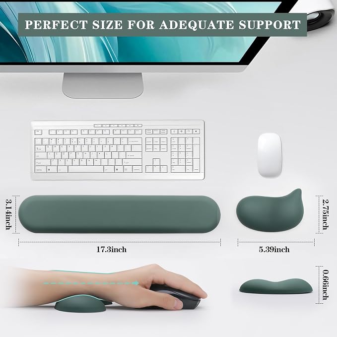 Wrist Rest for Keyboard and Mouse Pad, Ergonomic Memory Foam Keyboard Wrist Rest Set, Luxe Leather, Non-Slip Desk Accessories for Office and Home (Green)