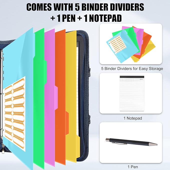 Portfolio Binder 3 Ring Includes Pen and 5 Dividers with 10 Pockets, Padfolio Organizer with Magnetic Handle for Men and Women, Includes A4 Notepad for Business, School, Work