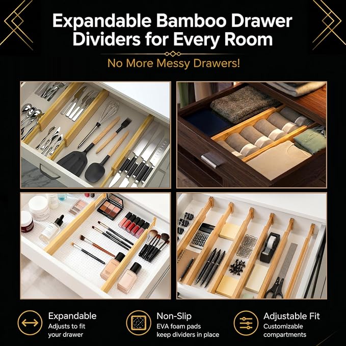 Adjustable Bamboo Drawer Dividers Expandable 8 Pack 17-22 Organizer | Kitchen, Dresser, Closet, Bathroom, Bedroom & Office Storage, Solid Moso Bamboo, Spring-Loaded, 80 Labels