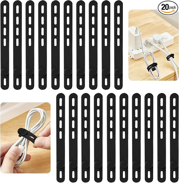 25 Pcs Black Silicone Cable Ties, Reusable Cable Straps Wire Organizer. | Cable Management Cord Organizer for Fastening Earphone Phone Charger Home Office Desk Kitchen Appliances Cable Cords Wires