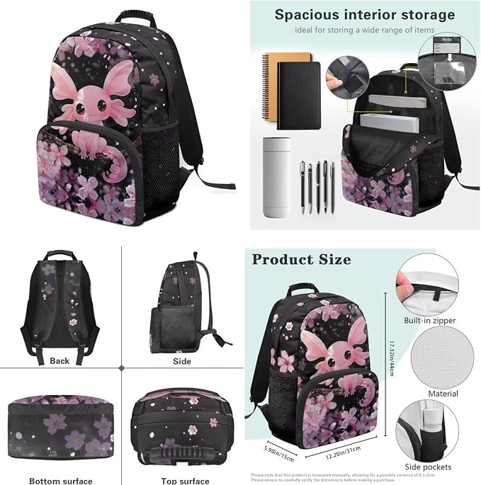 Ystardream Elementary Backpack and Lunch Bag Set for Girls Kindergarten School Funny Axolotl Bookbags with Side Pockets for Water Bottles with Soft Pencil Case & Water Bottle Sleeve for Student