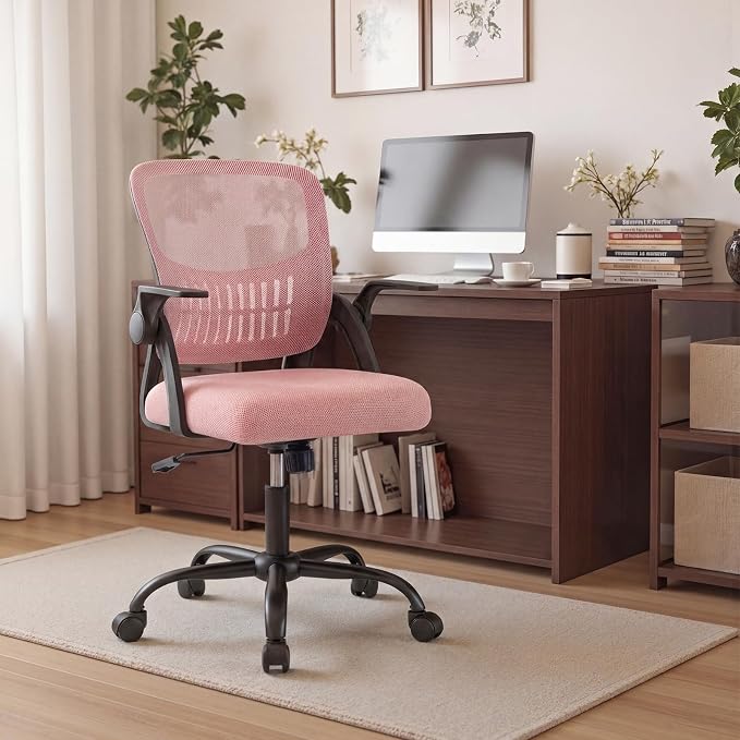 OLIXIS Ergonomic Office Desk Chair, Executive Mid-Back Computer Chair with Comfortable Lumbar Support & Rocking Mode, Height Adjustable with Flip-up Armrest, 360° Swivel, for Adults, Pink