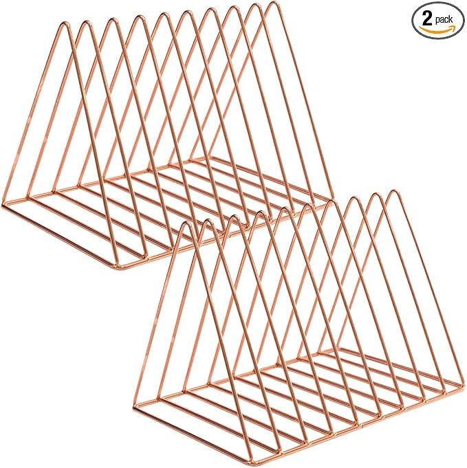 Sooyee 2 Pack Rose Gold Magazine Holder, 9 Slot Desktop File Sorter | Record Holder, Book Album Display Rack, Desktop File Sorter Organizer, Triangle Bookshelf Decor for Home Office