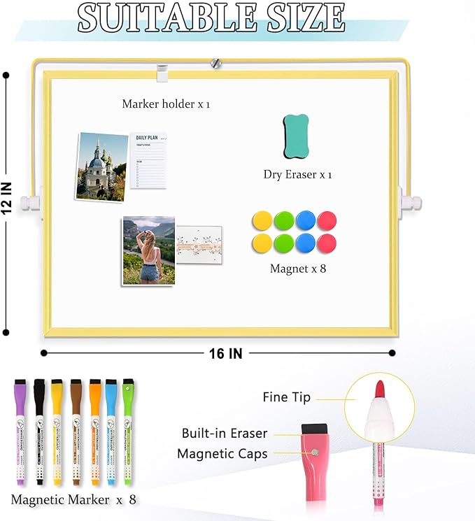 Magnetic Dry Erase White Board, 16" x 12" Double-Sided Golden Aluminum Frame Desktop Whiteboard with Stand, Portable Small Whiteboard Set for Drawing, Office, Home