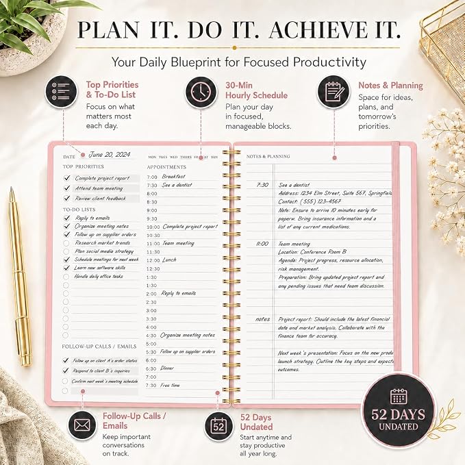 Daily Planner with Hourly Schedules - Undated To Do List Notebook, Spiral Bound, 5.5" x 8.5", Manage Your Tasks and Appointments, The Perfect Office Supplies for Women - Pink