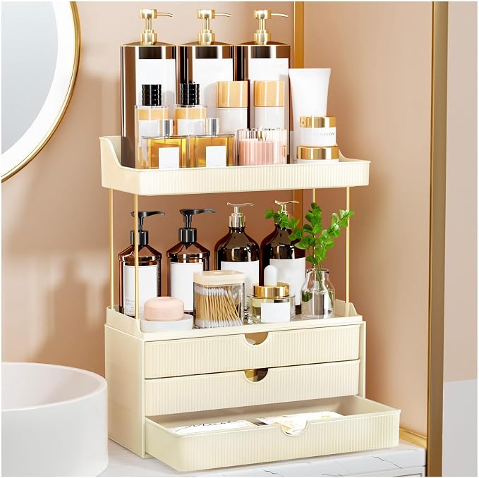 StorBin Arcylic 5-Tier Makeup & Skincare Organizer for Vanity, Bath | Smooth 3 drawers, clear body, gold frame, non-slip, for perfumes, serums, face masks, palettes, vanity & bath counter,white